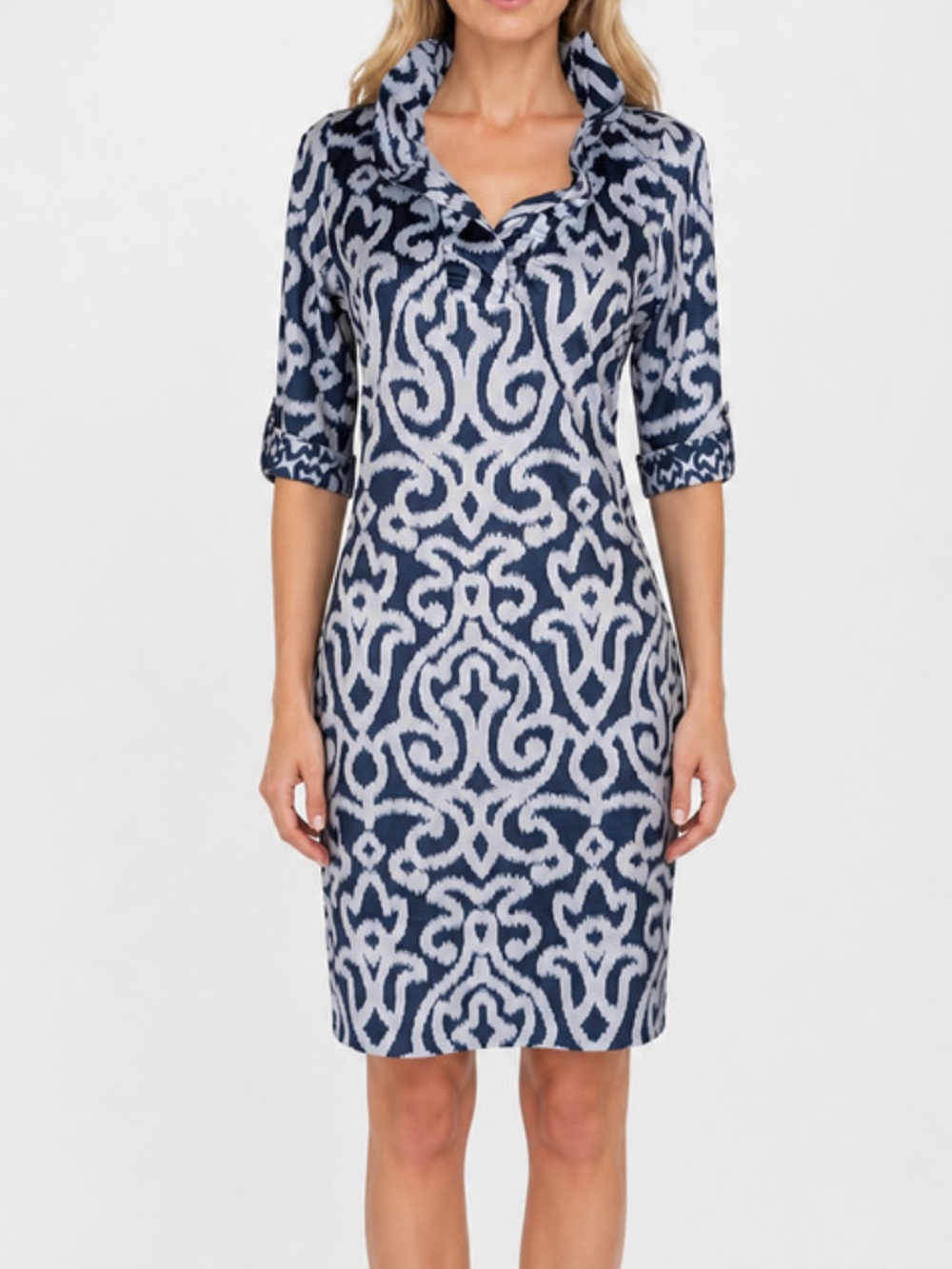 Gretchen Scott Designs Navy & White Arabesque RuffNeck Jersey Dress Women’s Sz L